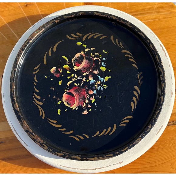 Round Black Gold Floral Hand-Painted Toleware Tray Serving Platter Wall Art - Picture 5 of 10